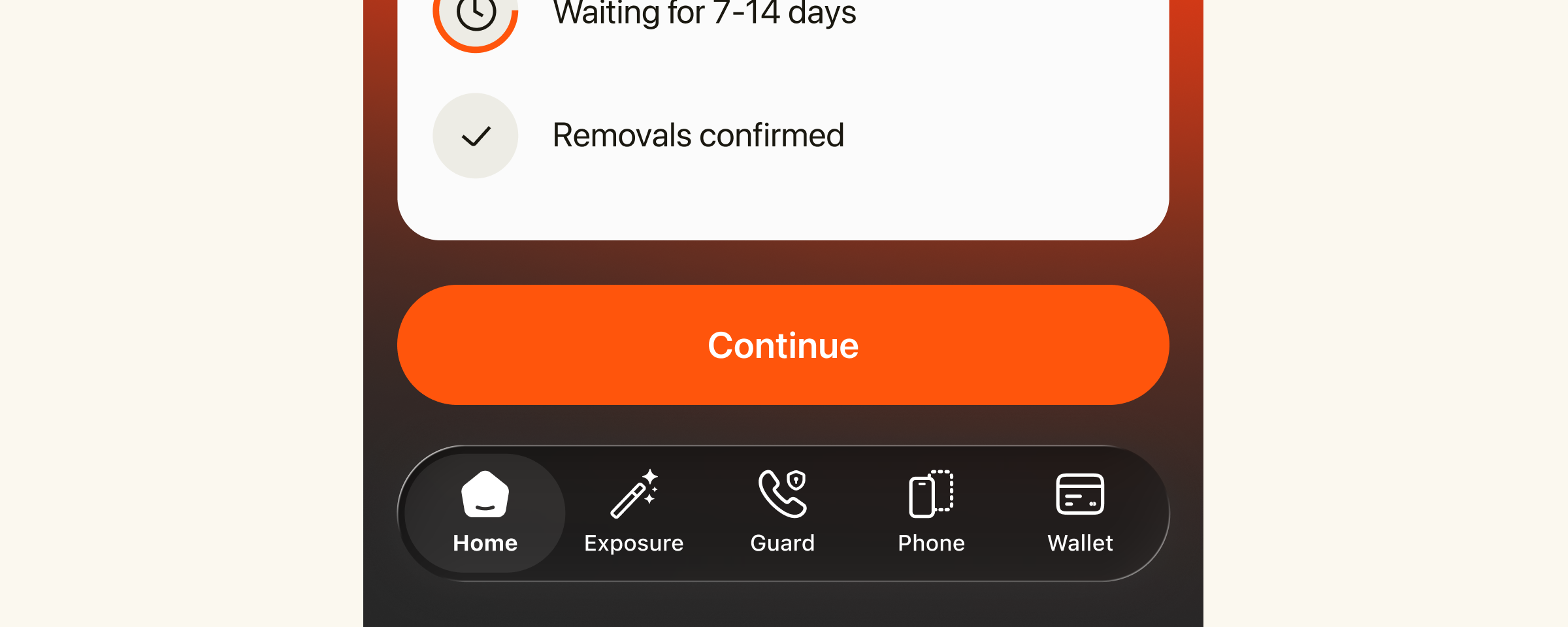 Continue button anchored above a tab bar in the Cloaked app